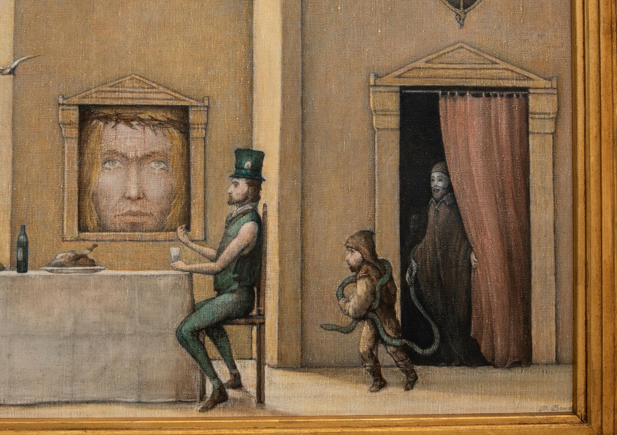 Unknown artist 20th century, Surrealist landscape with figures and buildings.
