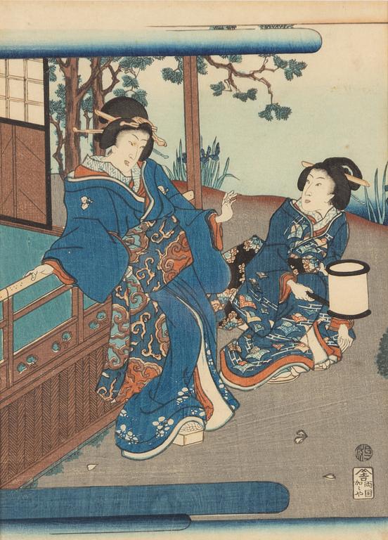 Three woodblock prints, including Utagawa Kunisada II and Toyoharu Kunichika, Japan.