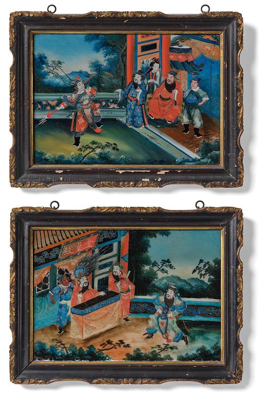 A pair of reverse glass paintings, Qing dynasty, 19th century.