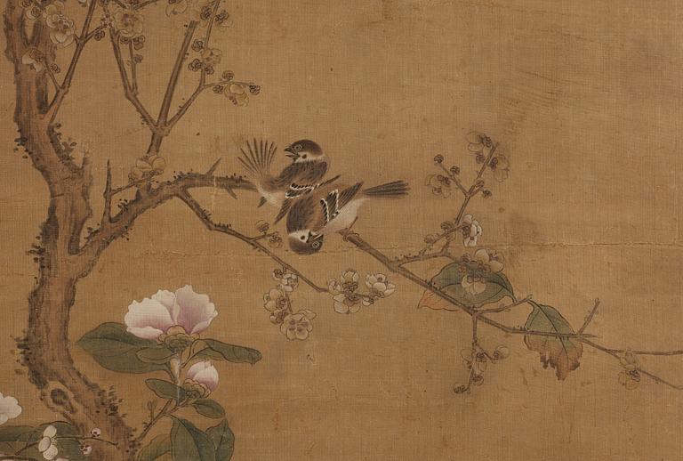 A Song style hanging scroll with birds, by an unidentified artist signed Wu Zhu, late Qing dynasty (1644-1912).