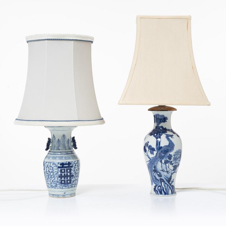 A set of two blue and white Chinese vases made in to lamps, late Qing dynasty, circa 1900.