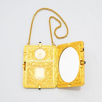 Aftonväska, sk. compact, guld, safirer och briljanter. troligen Amerika 1910-tal.