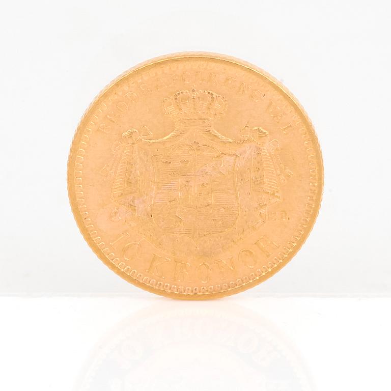 GULDMYNT, 10 kronor, Oscar II av Sverige och Norge 1895. Vikt ca 4,5 gram.