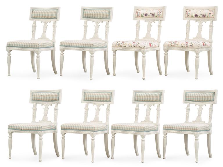 Eight late Gustavian circa 1800 chairs.