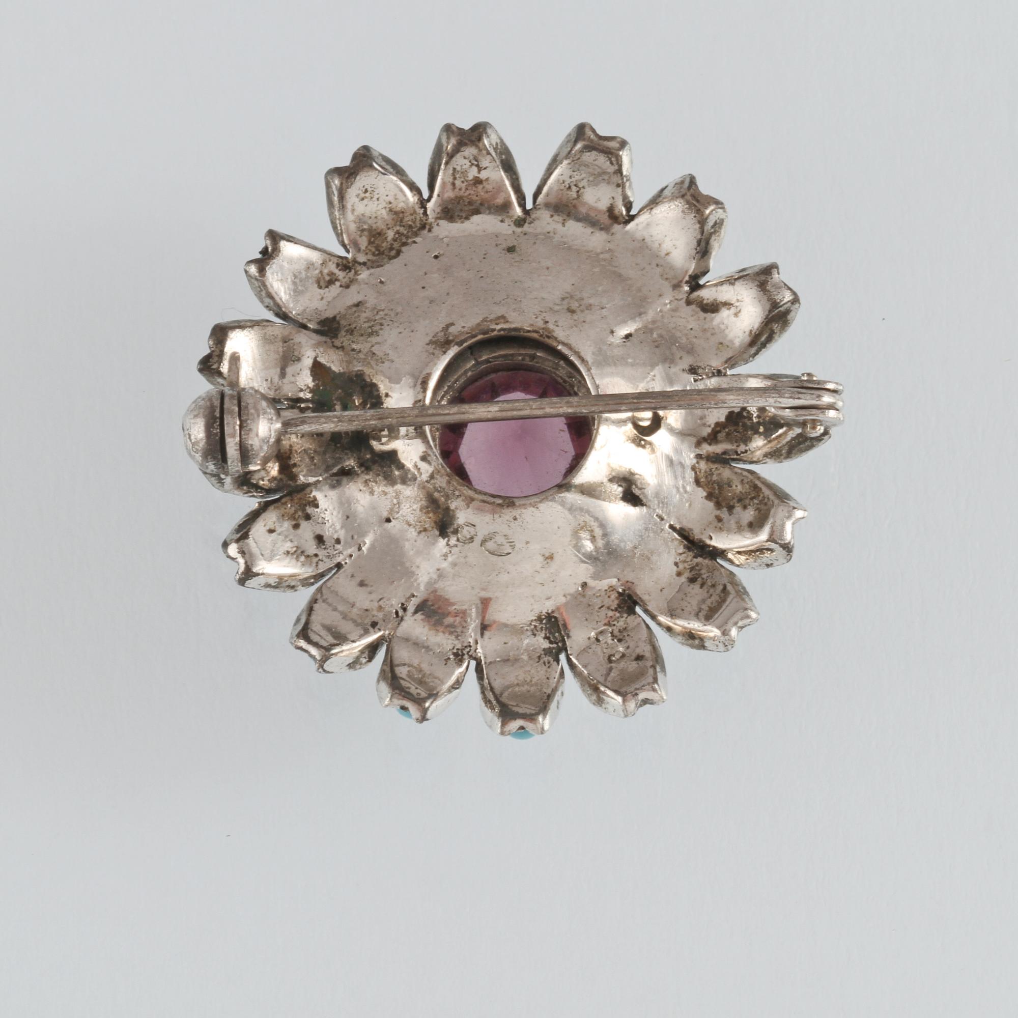 BROSCH, silver med lila och turkost glas samt markasiter, importstämplad, 1900-talets mitt. Vikt 9.0 g.