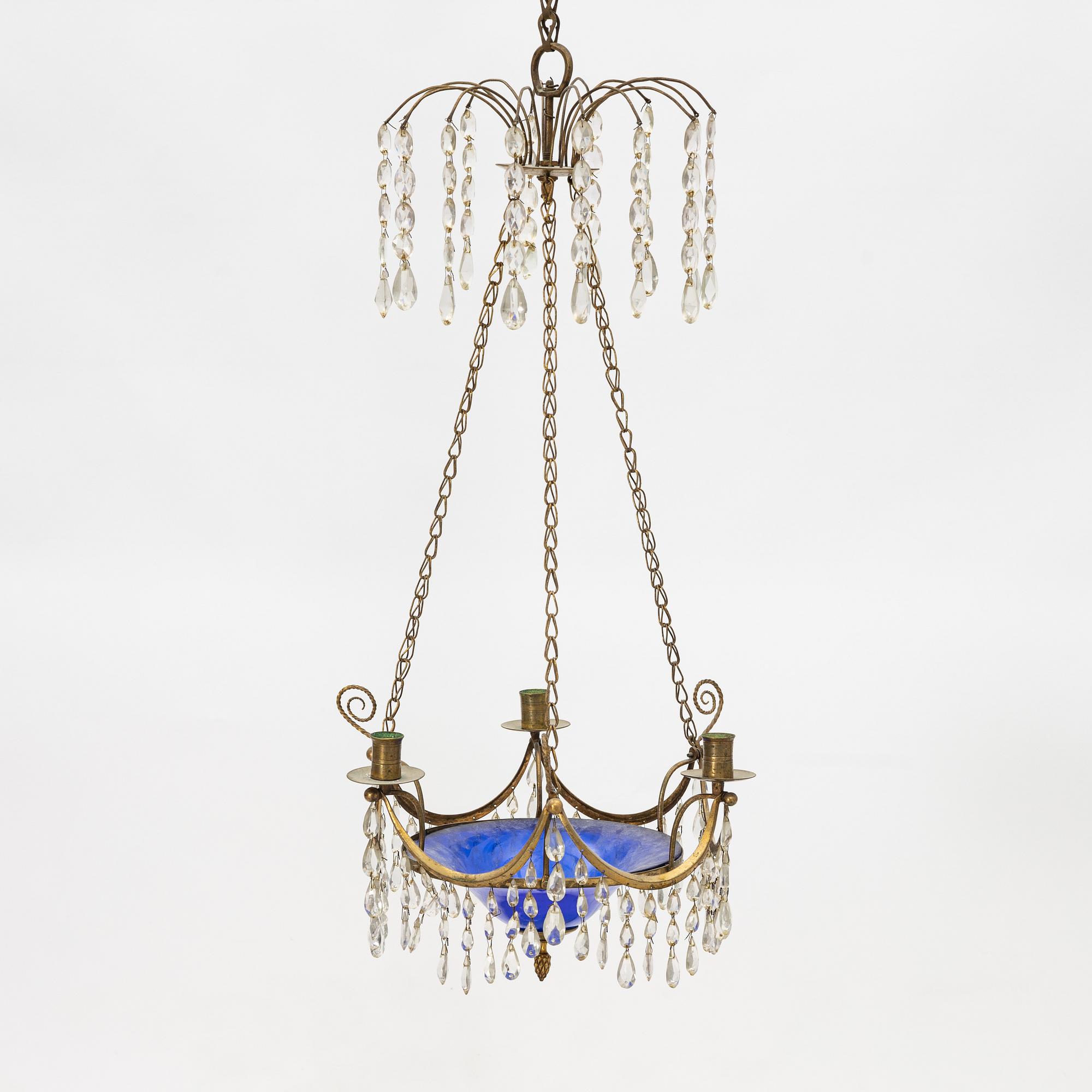 A late Gustavian three-light chandelier, Stockholm, late 18th century.
