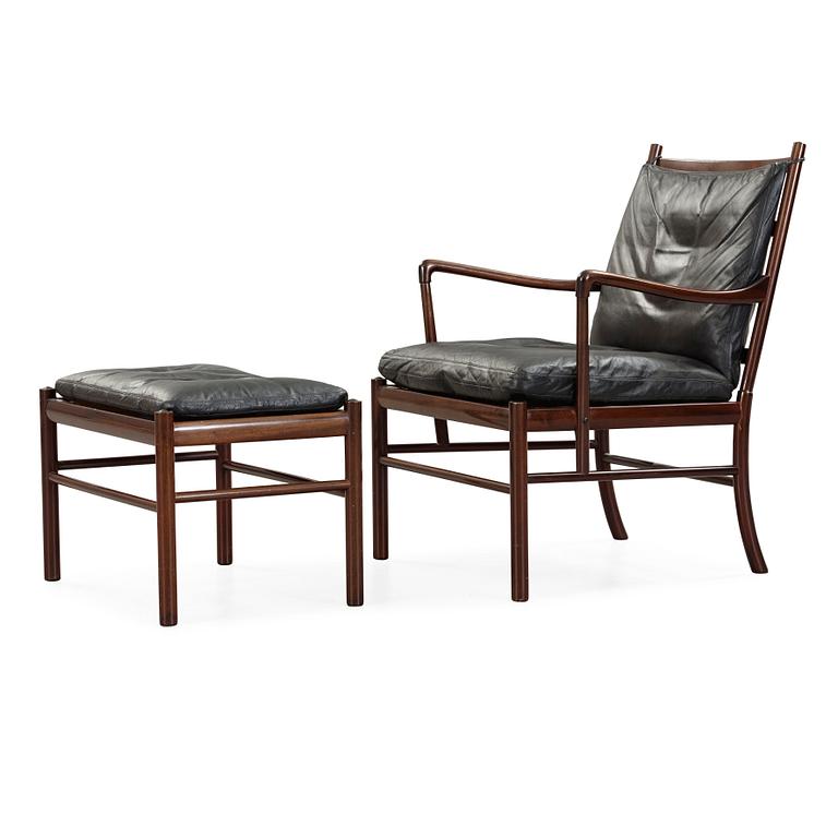 Ole Wanscher, a stained mahogany and black leather 'Colonial Chair PJ 149' and ottoman, Poul Jeppesen, Denmark.