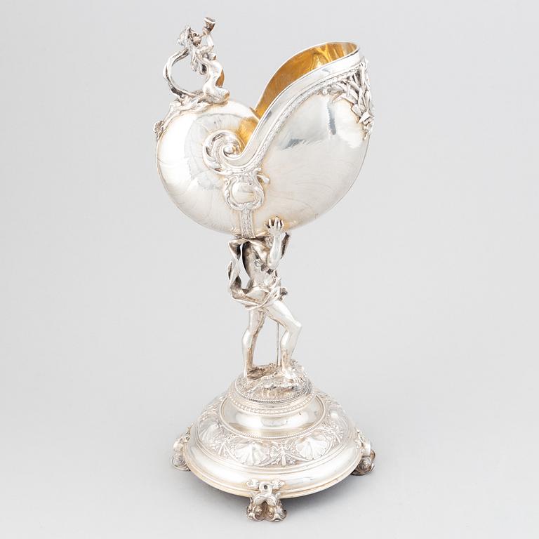 A Swedish parcel-gilt silver Nautilus cup, mark of CG Hallberg, Stockholm 1900.