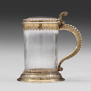 A German 17th century silver-gilt and rock-crystal miniature tankard, unmarked.