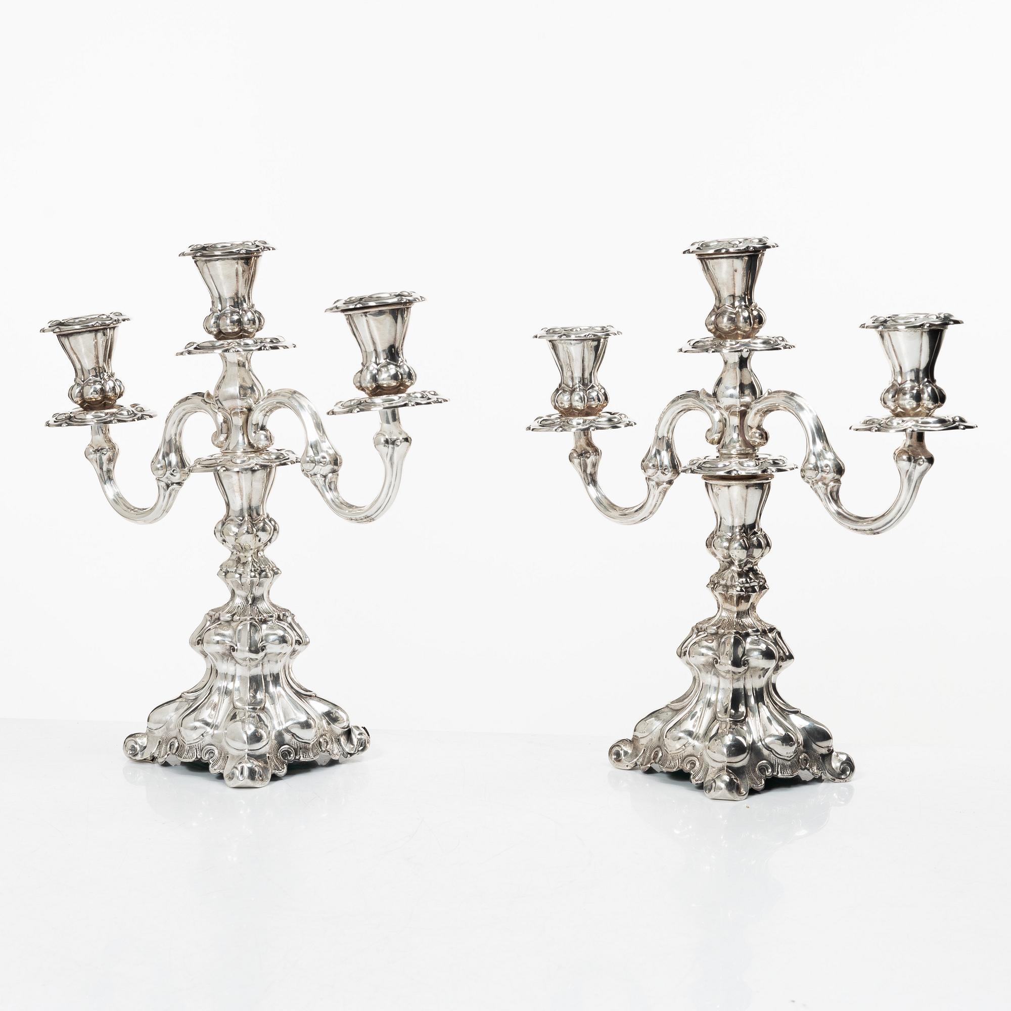 A pair of silver candelabra, Baroque style, Swedish import mark, 20th century.