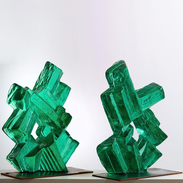 Edvin Öhrström, An Edvin Öhrström cast glass two pcs sculpture 'Kristallisk Komposition' Lindshammars Glasbruk, Sweden 1960's.