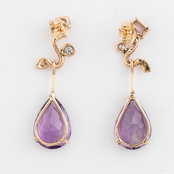 Pear shaped amethyst, pink tourmaline and brilliant cut diamond earrings.