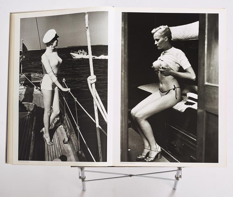 Helmut Newton, Signed book published by Taschen, Monte Carlo, 1999, ed 10000, with a metal table.