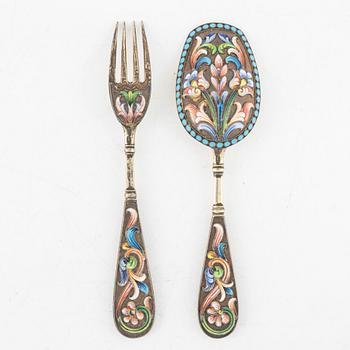 A silver and enamel spoon and a fork, Russia, around the year 1900.