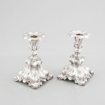 A Pair of Baroque Style Silver Candlesticks, mark of CG Hallberg, Stockholm 1943.