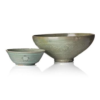 1092. Two inlaid celadon stoneware bowls, Korea, Goryeo dynasty (13th century).