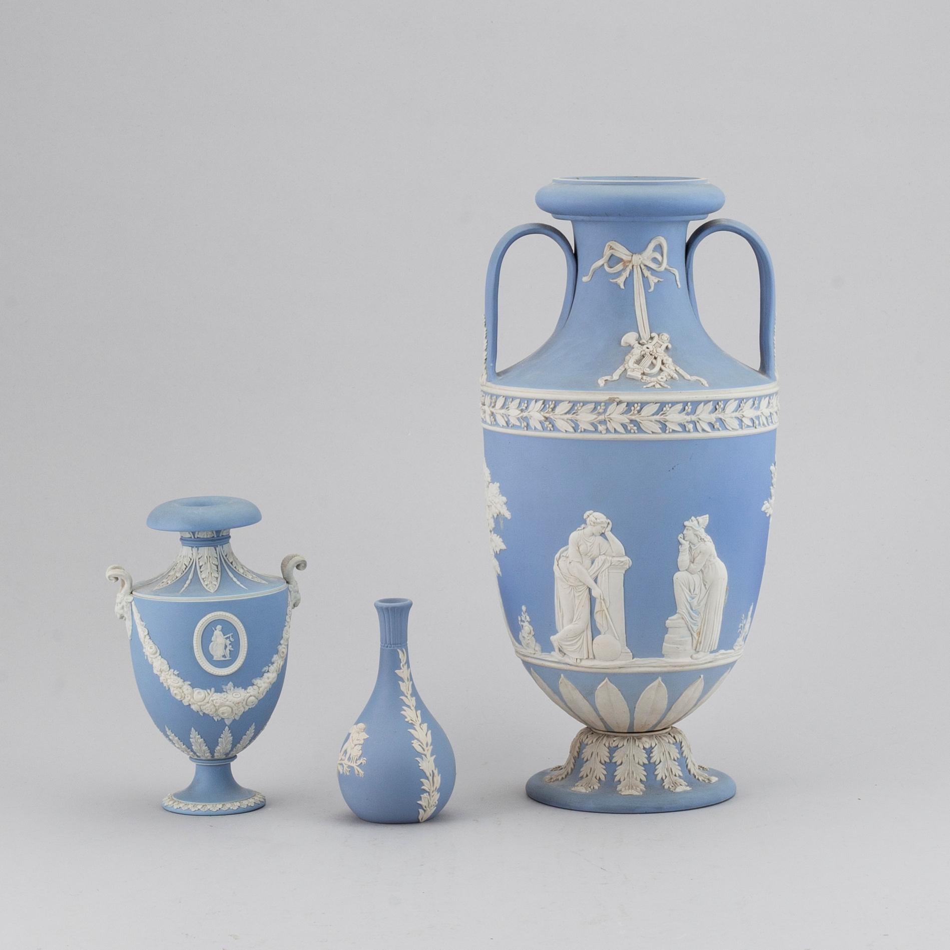A group of three 'jasperware' vases, Wedgwood, second half of the 19th century.