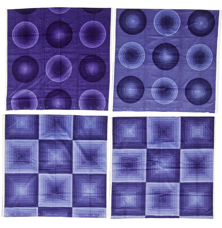 A CURTAIN AND SAMPLERS, 11 PIECES. Cotton velor. A variety of violet nuances and patterns. Verner Panton.