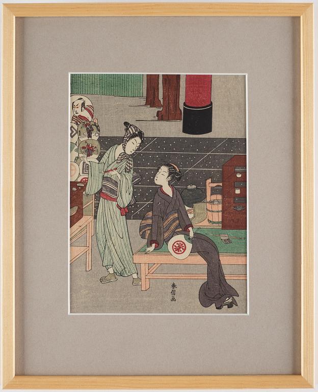 SUZUKI HARUNOBU (1724/25-70), efter, färgträsnitt. Japan, troligen 1900-tal.