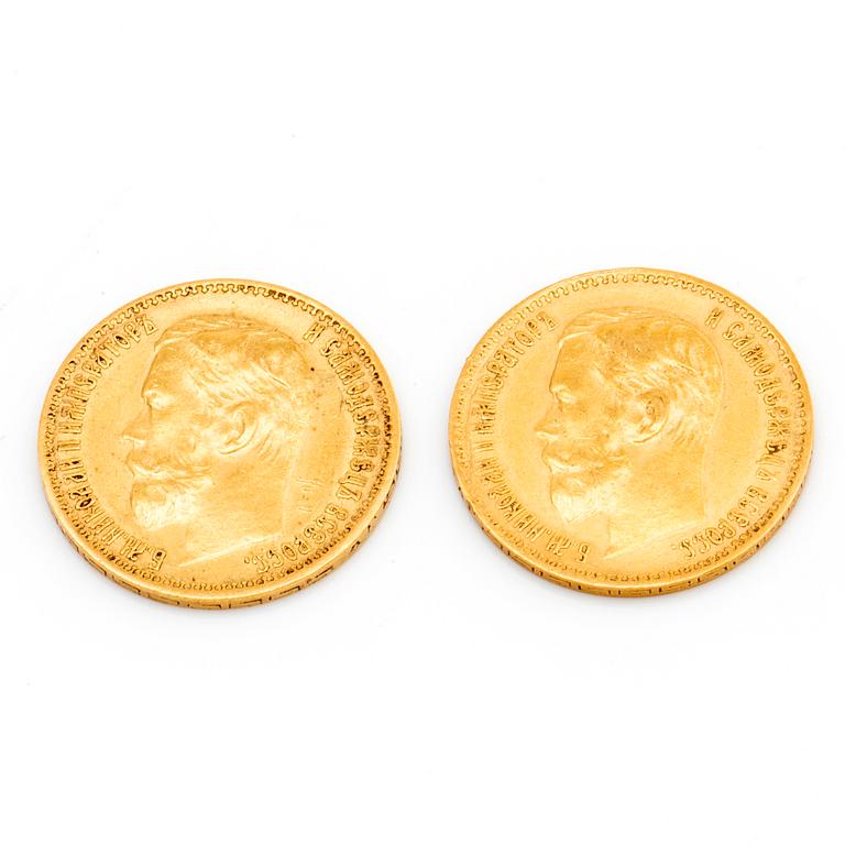 Two Russian 5 Rubel 21K gold coins, Nicolas II, 1898.