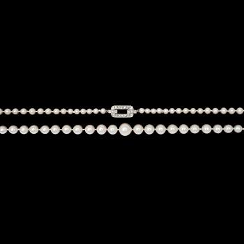 1123. A cultured pearl necklace, 8,4-3,1 cm, platinum clasp set with diamonds.