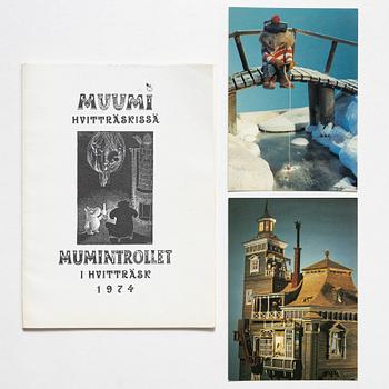 Tove Jansson, book, 'Muumi Hvitträskissä Mumintrollet i Hvitträsk 1974' signed, along with two signed postcards.