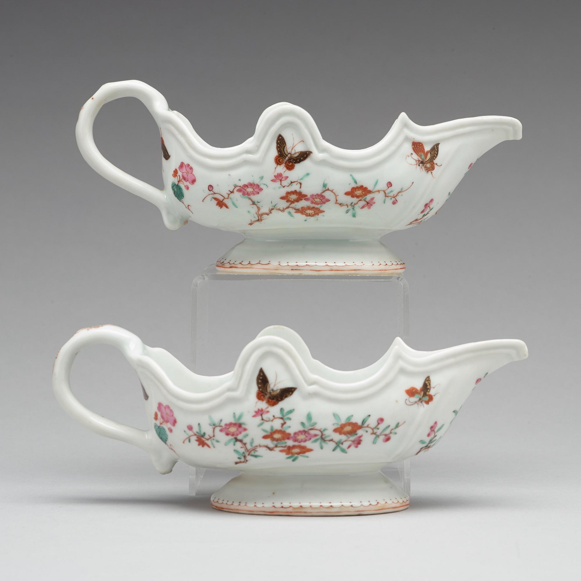 A pair of famille rose sauce boats, Qing dynasty, Qianlong (1736-95).