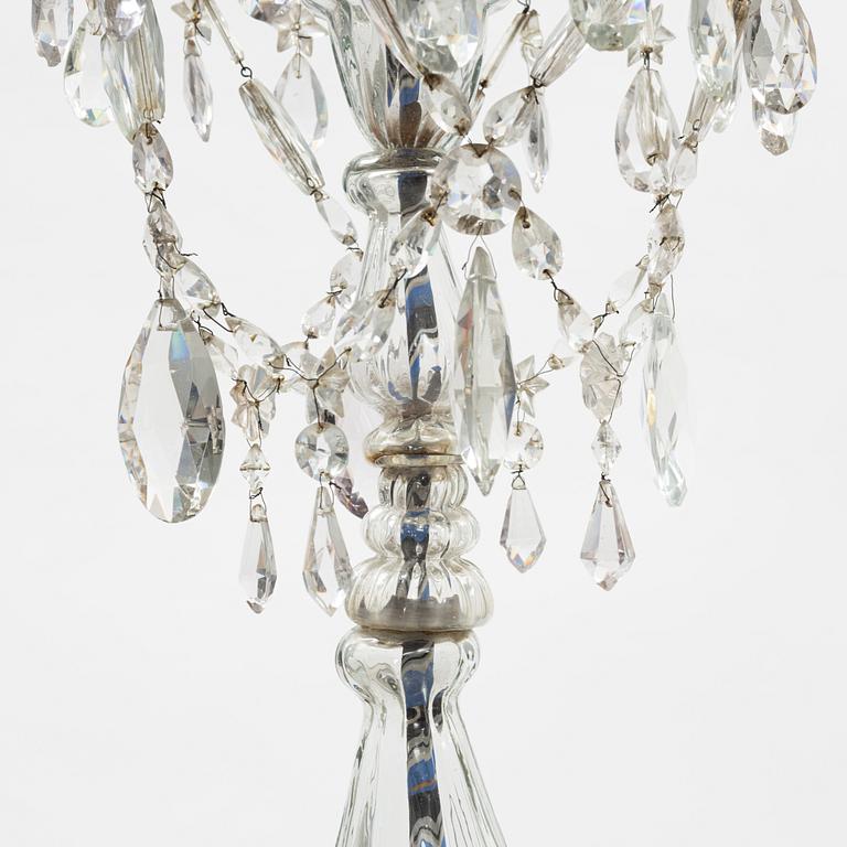 A European glass three-light chandelier, circa 1800.
