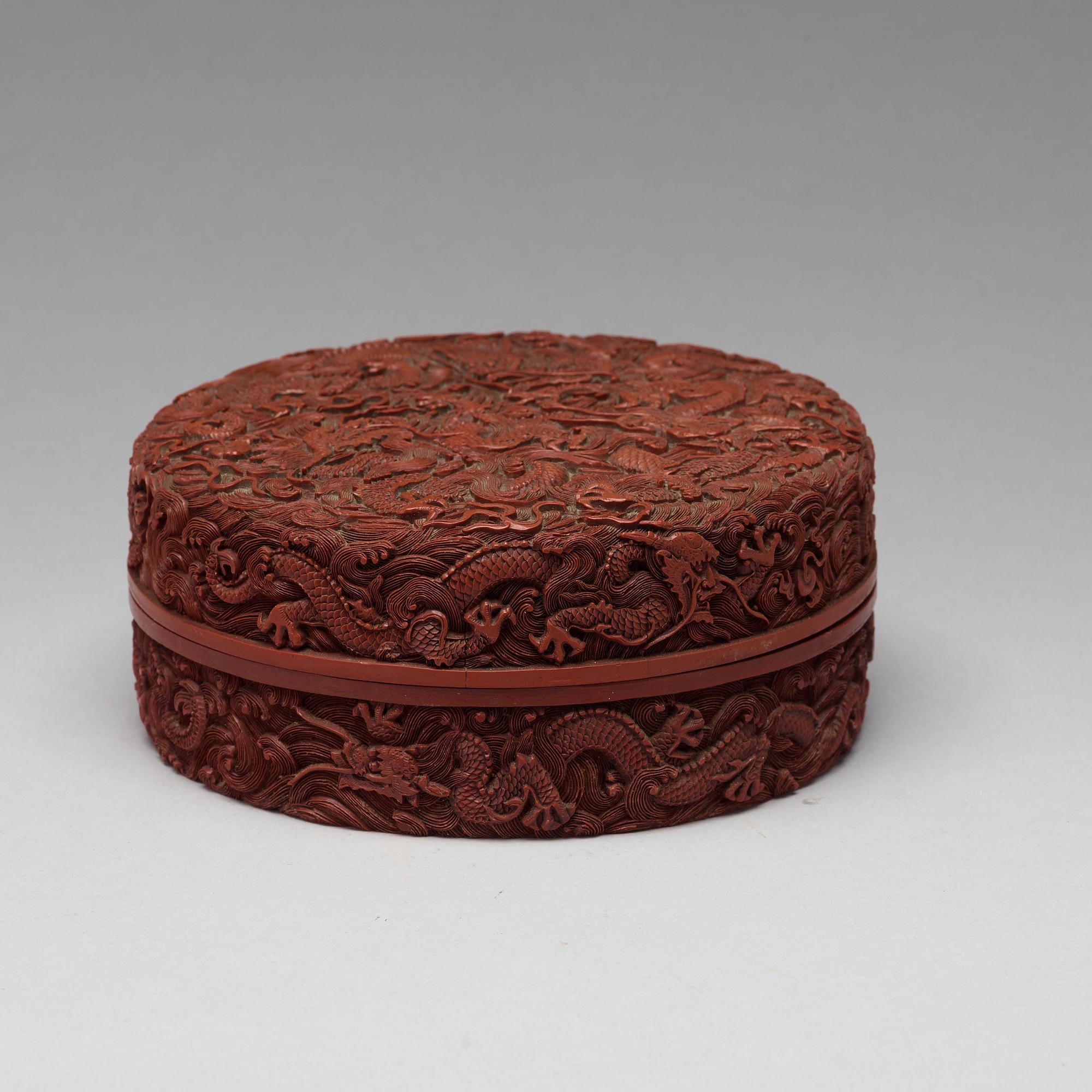 A red lacquer box with cover, Qing dynasty, with Qianlong six character mark.