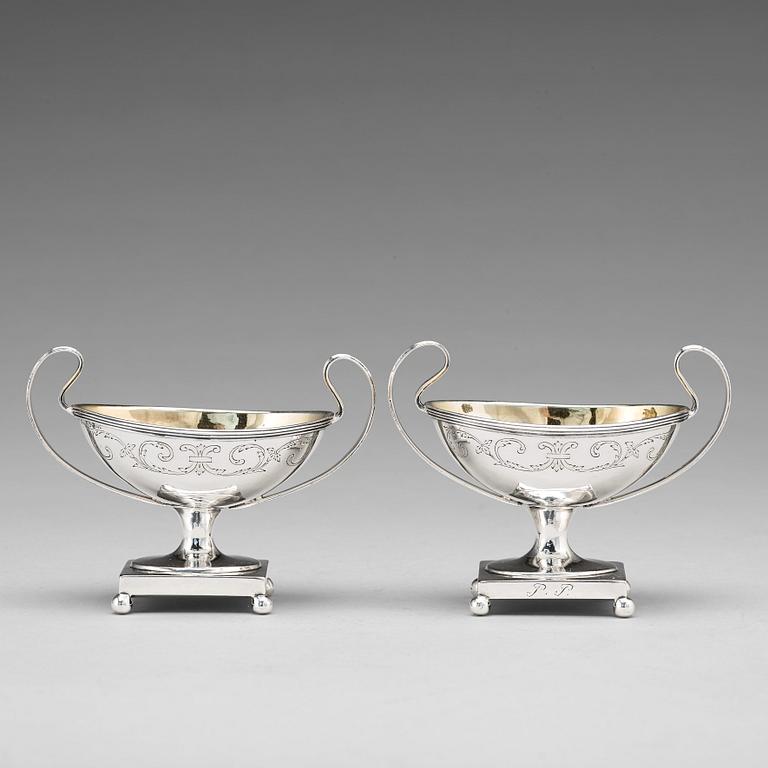 A pair of Swedish late 18th century parcel-gilt silver salt-cellars, mark of Mikael Nyberg, Stockholm 1795.