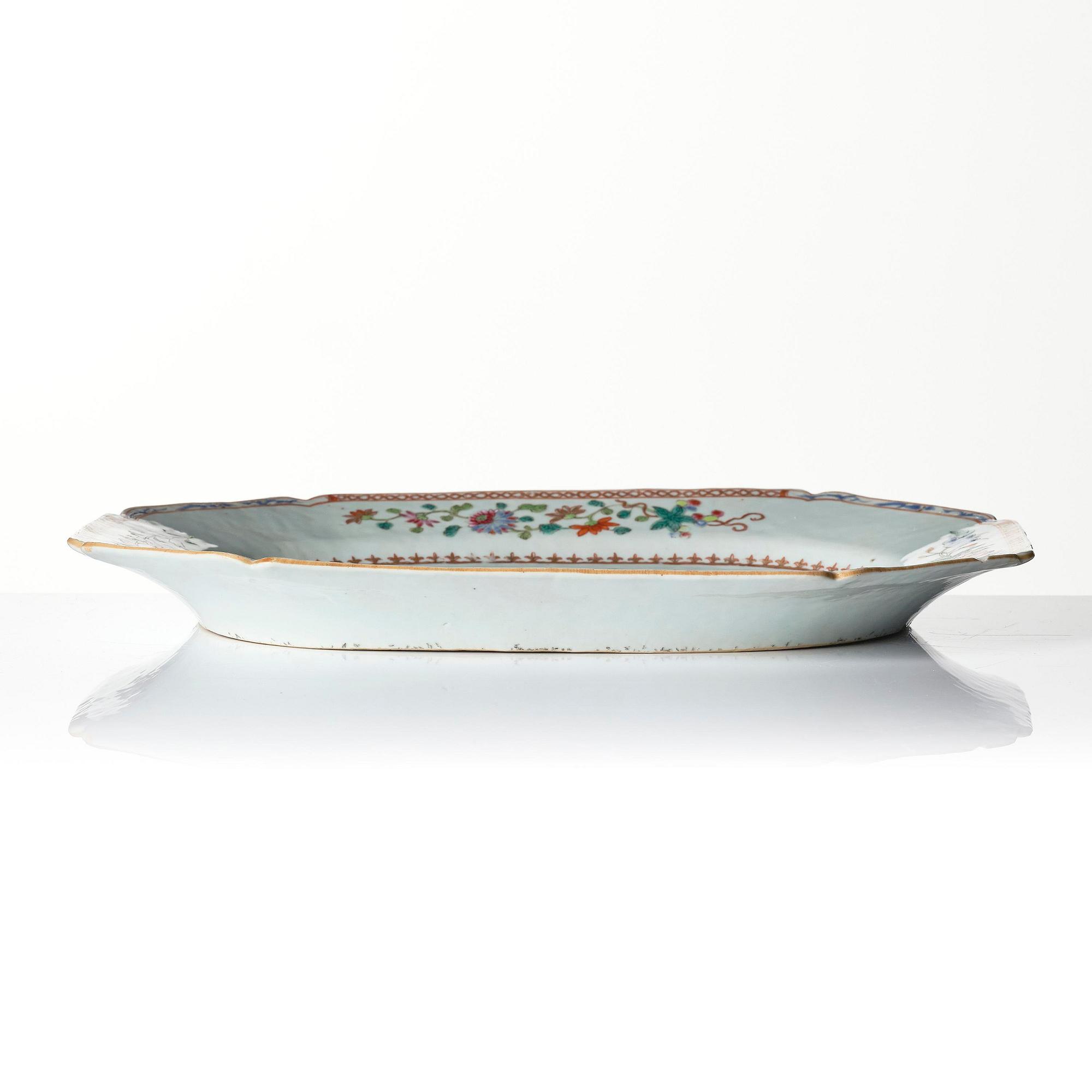 A famille rose 'double peacock' serving dish, Qing dynasty, Qianlong (1736-95).