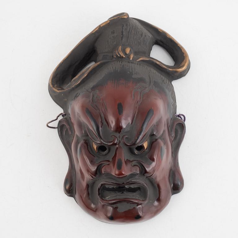 A Japanese lacquered wooden mask, 20th century. Signed.