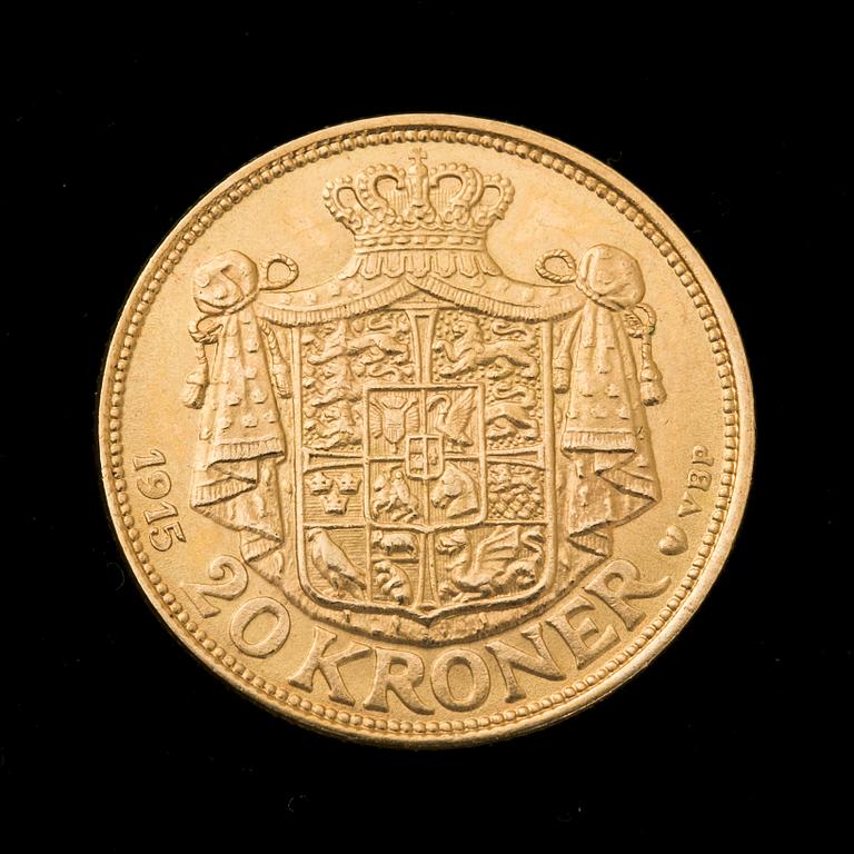 GULDMYNT, 20 kroner, Christian X, Danmark, 1915. Vikt ca 9 g.