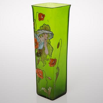 A VASE, glas with painted decoration, Jugend ca 1900.