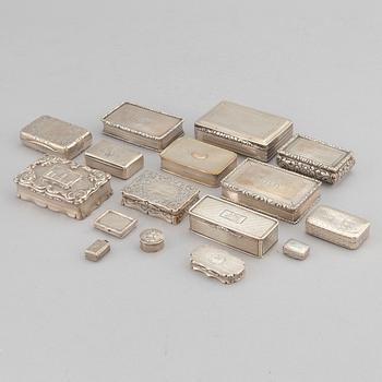 16 silver boxes, including Nathaniel Mills, Birmingham, 1825, John Lint, London, 1816, and Charles Cooke, 1908.