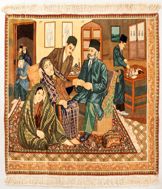 Tabriz rug, figural old/semi-antique, approximately 122x146 cm.