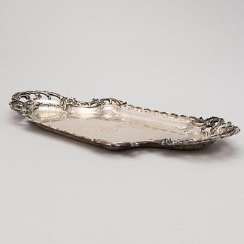 A German silver tray, mark of M.H. Wilkens & Söhne, Austrian import mark, retailer mark of V. Mayers Söhne, 1891-1901.