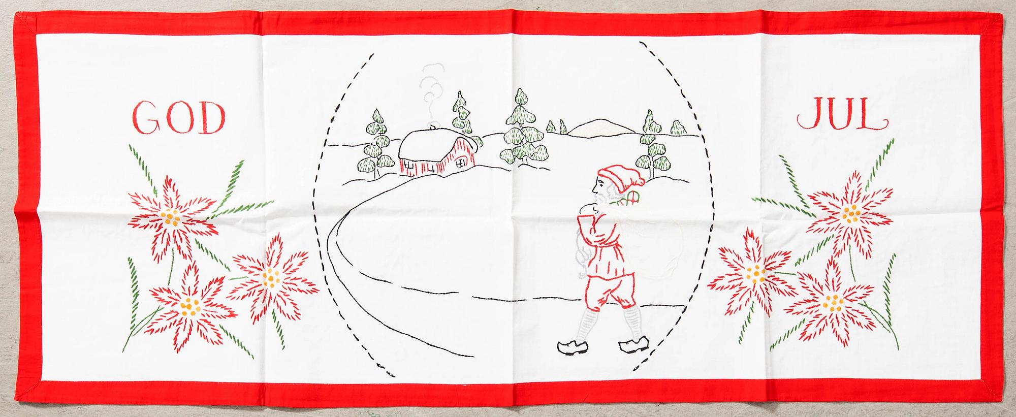 A collection of smaller Christmas tablecloths, runners, wall hangings, curtains, and Christmas tree skirts, 32 pcs, 20th century.