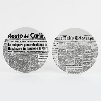 Piero Fornasetti, a set of six plates, porcelain, "Giornale", Milan, Italy.