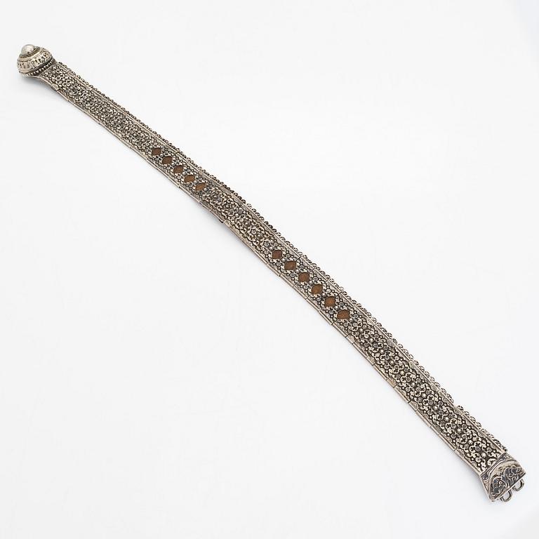 A Caucasian silver and leather belt with niello, early 20th century.