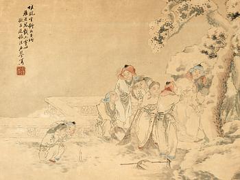 ALBUMBLAD, signerat Liao Shiqin, sen Qingdynastin (1644-1912), lekande barn.