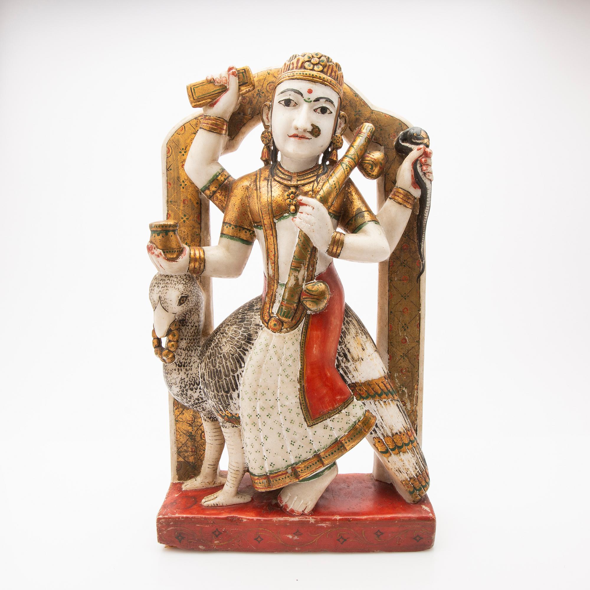 Durga sittande på en påfågel, Indien, 18/1900-tal.