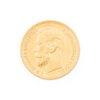 Gold coin, Nicholas II, Russia, 5 Rubles, 1898.