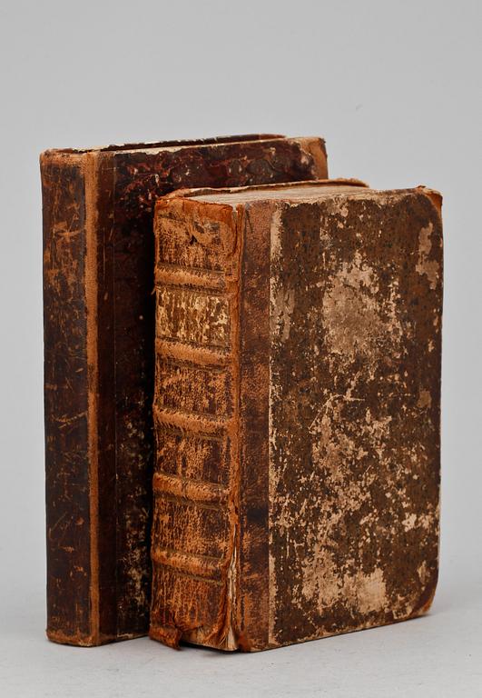 KOKBÖCKER, 2 st, bla "Hielpreda i hushållningen för unga fruentimmer" av C. Warg, sjunde uppl, Stockholm 1780.