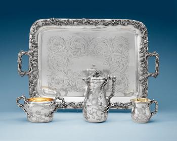 1020. A Swedish 19th century parcel-gilt four piece coffée-set, makers mark of Gustaf Möllenborg, Stockholm 1849.