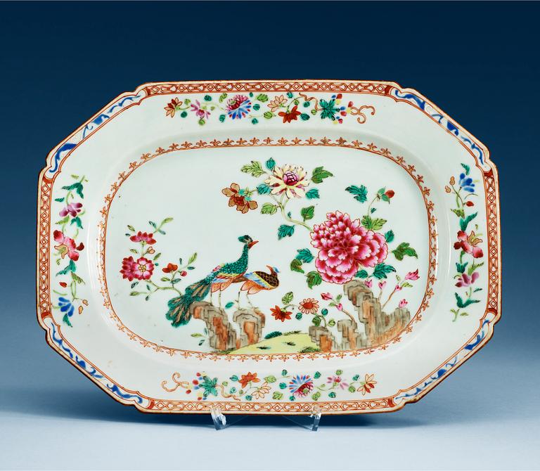 A famille rose 'double peacock' serving dish, Qing dynasty, Qianlong (1736-95).