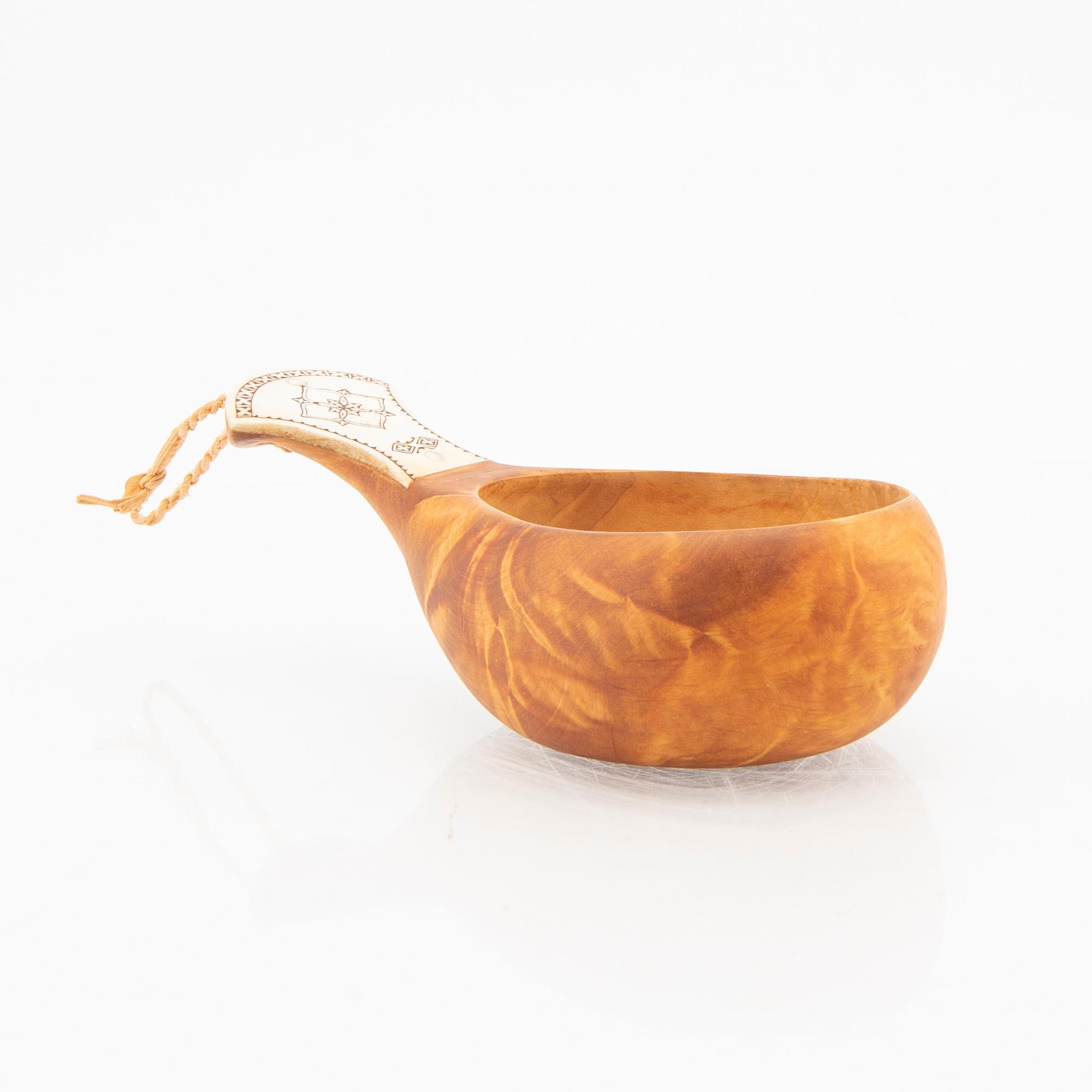 A signed birch and reindeer horn kovsh.