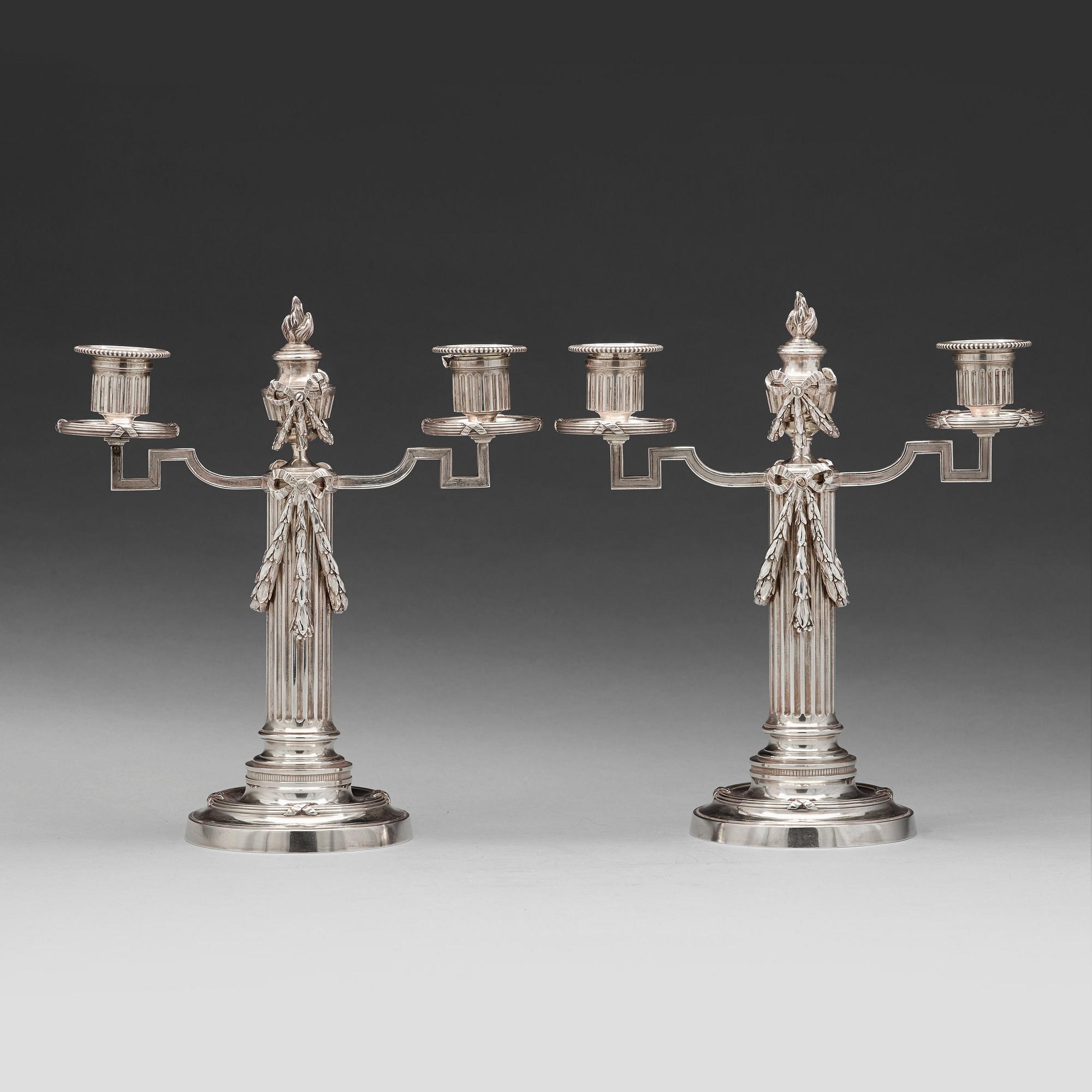 A pair of Fabergé, silver candelabra, workmaster Julius Rappoport, S.t Petersburg before 1899.