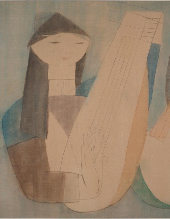 Bui Xuan Phai, Vietnam (1920-1988), mixed media on silk. A lady with an instrument.