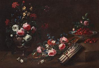 796. Bartolomeo del Bimbo (”Bimbi”) Hans krets, Stilleben med blommor, bär,  och sparris.